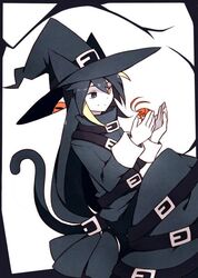  animal animal_ears animal_hat aww_(pixiv4034890) bad_id bad_pixiv_id belt black_belt black_border black_dress black_eyes black_hair border cat_ears cat_hat cat_tail dress extra_eyes funamusea hair_between_eyes hat hat_with_ears heterochromia holding holding_animal kuromaki_(funamusea) lobco_(funamusea) long_hair long_sleeves oounabara_to_wadanohara shrimp simple_background smile tail white_background witch witch_hat yellow_eyes 