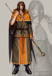  1boy astonishia_story_2 black_cape black_footwear blue_eyes brown_hair brown_pants brown_shirt cape closed_mouth commentary earrings english_commentary expressionless full_body hair_between_eyes hair_over_one_eye heanson highres holding holding_staff hood hood_down jewelry limha_lekan long_hair long_sleeves looking_at_viewer male_focus official_art orange_hood pants scar scar_on_cheek scar_on_face shirt shoes solo staff wide_sleeves zoom_layer 