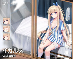  allenes azur_lane blonde_hair blue_bow blue_eyes bow breasts cleavage commentary_request expressions female hair_ornament hairbow icarus_(azur_lane) icarus_(one-week_medical_experience?)_(azur_lane) intravenous_drip long_hair official_alternate_costume official_art royal_navy_emblem_(azur_lane) second-party_source shirt sitting small_breasts socks solo translated very_long_hair white_socks 