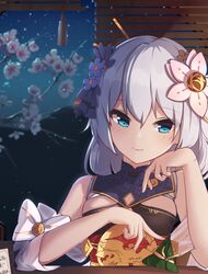  bare_shoulders blurry blurry_background breasts closed_mouth commentary_request female flower grey_hair hair_between_eyes hair_flower hair_ornament highres honkai_(series) honkai_impact_3rd katsuki_natsu long_hair looking_at_viewer medium_breasts sidelocks smile solo theresa_apocalypse zhuge_kongming_(honkai_impact) 