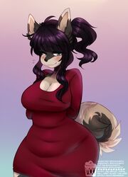  2019 anthro big_breasts black_nose blue_eyes blush bodily_fluids breasts brown_body brown_fur canid canine canis clothing curled_tail domestic_cat domestic_dog dress emanata felid feline felis female fluffy fluffy_tail form_fitting fur gradient_background grey_body grey_fur hair half-closed_eyes hands_behind_back hybrid long_hair looking_at_viewer mammal marta_dogcat moucchiato multicolored_body multicolored_fur narrowed_eyes ponytail purple_hair red_clothing red_dress side_ponytail simple_background solo sweat sweatdrop tail tan_body tan_fur text thick_thighs thigh_up url watermark 