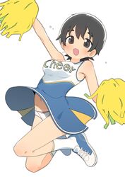  :d absurdres black_eyes black_hair blue_dress blue_footwear bow bow_panties breasts bural_chingu cheerleader dress female full_body highres looking_at_viewer luke_(dydansgur) open_mouth panties pom_pom_(cheerleading) seong_mi-na_(bural_chingu) shoes short_hair simple_background sleeveless sleeveless_dress smile sneakers socks solo sweat underwear white_background white_panties white_socks 