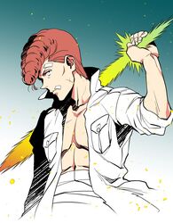  1boy bandaid bandaid_on_face energy_sword holding holding_sword holding_weapon imuro jacket kuwabara_kazuma looking_at_viewer male_focus open_clothes open_jacket orange_hair pectorals pompadour sarashi short_hair solo sword toned toned_male topless_male upper_body weapon white_jacket yu_yu_hakusho 