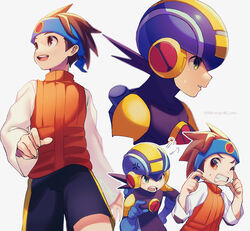  2boys :d anger_vein angry artist_name black_shorts blue_headband blue_helmet blurry bodysuit brown_eyes brown_hair brown_vest commentary_request covering_own_ears cowboy_shot cropped_torso dated depth_of_field green_eyes hand_on_own_hip headband helmet highres lan_hikari_(mega_man) long_sleeves looking_at_another looking_to_the_side male_focus mega_man_(series) mega_man_battle_network_(series) megaman.exe multiple_boys multiple_views netnavi one_eye_closed open_mouth puff_of_air shirt short_hair shorts simple_background smile spiked_hair standing sweatdrop twitter_username upper_body vest white_background white_shirt zero-go 