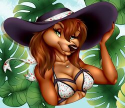  all_dogs_go_to_heaven anthro bikini bikini_top bird_dog boston.babe breasts canid canine canis cleavage clothed clothing domestic_dog don_bluth female floral_print flower hat headgear headwear heart_symbol hunting_dog irish_setter jewelry mammal necklace plant sasha_la_fleur setter solo swimwear 