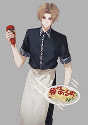  1boy alternate_costume animification apron avataro_sentai_donbrothers black_pants black_shirt blonde_hair bottle checkered cowboy_shot doran_(doran7280) food glowing grey_background highres holding holding_bottle holding_plate ketchup ketchup_bottle light_smile looking_at_viewer male_focus momoi_taro official_alternate_costume omelet omurice pants plate red_eyes serving shirt short_sleeves sparkle super_sentai waist_apron working 