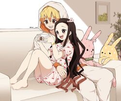  1boy agatsuma_zenitsu blonde_hair brown_hair cellphone cherry_print couch couple female food_print hood hoodie kamado_nezuko kimetsu_no_yaiba long_hair long_sleeves non-web_source open_mouth pajamas phone pink_eyes pori_(kmt_pori) smartphone smile straight twitter_username yellow_eyes 