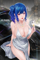  alcohol azur_lane backless_dress backless_outfit bag bare_shoulders blue_hair blue_nails bracelet breasts building car champagne_flute cityscape cleavage cowl_neck cup dress drinking_glass earrings evening_gown female grey_dress hair_ornament hairclip halter_dress halterneck handbag highres holding holding_cup jewelry large_breasts motor_vehicle nail_polish necklace night night_sky official_alternate_costume photoshop_(medium) pink_eyes plunging_neckline rain red_lips revealing_clothes side_ponytail sidelocks silver_dress sitting sitting_on_car sky skyscraper solo st._louis_(azur_lane) st._louis_(luxurious_wheels)_(azur_lane) thighs w-verne 