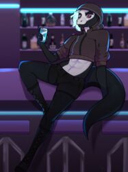  alcohol anthro beverage boots bottomwear clothing combat_boots cropped_jacket femboy footwear freakster hi_res hotpants male reptile scalie shorts snake solo xiro_decobray 