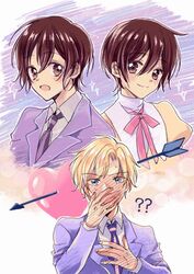  1boy ? ?? arrow_through_heart blonde_hair blue_eyes blue_jacket blush brown_eyes brown_hair collared_shirt covering_own_mouth crossdressing dress dual_persona female fujioka_haruhi hair_between_eyes hand_on_own_chest hand_over_own_mouth highres jacket looking_at_viewer neck_ribbon necktie open_mouth ouran_high_school_host_club ouran_high_school_uniform pink_ribbon puffy_sleeves ribbon school_uniform shirt short_hair smile sparkle striped_necktie suou_tamaki suzuki_(2red_moon3) sweat white_shirt yellow_dress 