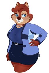  anthro belt blue_eyes bottomwear breasts brown_body brown_fur catsmeow chip&#039;s_mom_(disney) chip_&#039;n_dale_rescue_rangers chipmunk choker clothed clothing curvy_figure disney eyelashes female fully_clothed fur ground_squirrel hand_on_hip hi_res jewelry mammal markings mature_female mole_(marking) necklace rodent sciurid shirt simple_background skirt smile solo topwear voluptuous white_background wide_hips 