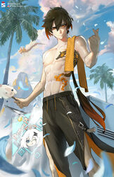  1boy :| abs alternate_costume beach black_hair blue_eyes brown_hair character-themed_food closed_mouth cloud cloudy_sky coconut_tree cowboy_shot day diamond-shaped_pupils diamond_(shape) dragon dragon_tattoo earrings eastern_dragon english_text eyeliner eyeshadow falling_petals food genshin_impact gradient_hair hair_between_eyes hair_ornament halo hand_up highres holding hot ice_cream ice_cream_bar ice_cream_stand instagram_username jewelry kite light logo long_hair looking_at_viewer makeup male_focus mora_(genshin_impact) mountain multicolored_hair nature navel nikusenpai nipples one_eye_closed orange_hair outdoors paimon_(genshin_impact) palm_tree pants petals ponytail red_eyeshadow shadow short_hair sidelocks signature single_earring sky smile solo sparkle symbol-shaped_pupils tassel tassel_earrings tattoo toned toned_male tongue tongue_out topless_male towel tree twitter_username very_long_hair white_hair yellow_eyes zhongli_(genshin_impact) 