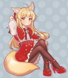  animal_ear_fluff animal_ears bell black_pantyhose blonde_hair blush bow braid closed_mouth female french_braid full_body hairbow high_heels highres ice_s_s_z long_hair long_sleeves lost_ark pantyhose polka_dot polka_dot_background purple_eyes red_bow red_footwear shoes simple_background sitting solo tail 