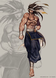  1boy abs ankle_wrap astonishia_story_2 barefoot black_pants blue_eyes brown_hair closed_mouth commentary english_commentary full_body grey_background headband highres limha_lekan long_hair looking_at_viewer male_focus muscular muscular_male nipples official_art pants ruduek serious solo topless_male white_headband wrist_wrap zoom_layer 