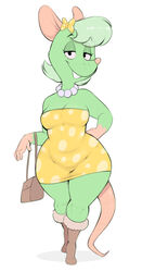  2022 anthro boots buckteeth clothing dress female footwear gem green_body green_hair hair hi_res jewelry looking_at_viewer mammal mouse murid murine necklace pearl_(gem) pearl_necklace purse rodent simple_background smile smiling_at_viewer solo standing teeth topwear tube_top usnarbit wide_hips 