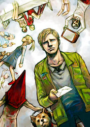  3boys 5girls angela_orosco artist_request bed bubble_head_nurse canine eddie_dombrowski food headphones hospital_bed james_sunderland laura_(silent_hill) lead_pipe letter long_sleeves lowres mannequin maria_(silent_hill) mary_shepherd-sunderland multiple_boys multiple_girls nurse photoshop_(medium) pizza pyramid_head shiba_inu silent_hill_(series) silent_hill_2 stuffed_animal stuffed_toy teddy_bear television 