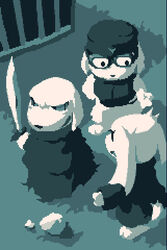  amaya_daisuke blue_theme cloak doukutsu_monogatari facial_hair glasses hat holding holding_sword holding_weapon jack_(doukutsu_monogatari) king_(doukutsu_monogatari) lowres mimiga monochrome no_humans official_art open_mouth photoshop_(medium) pixel_art rock sakamoto_sue scar smirk standing sword vest weapon 