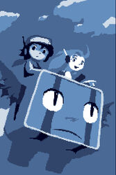  1boy :d amaya_daisuke android ascot balrog_(doukutsu_monogatari) baseball_cap blue_theme cloud curly_brace doukutsu_monogatari female flying hat headgear looking_at_viewer lowres monochrome official_art open_mouth photoshop_(medium) pixel_art quote_(doukutsu_monogatari) robot shirt sleeveless sleeveless_shirt smile spoilers tank_top wings 