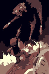  1boy :o amaya_daisuke android balrog_(doukutsu_monogatari) battle closed_eyes curly_brace doukutsu_monogatari female fire gun headgear lowres missile monochrome official_art open_mouth parted_lips photoshop_(medium) pixel_art quote_(doukutsu_monogatari) red_theme shirt sleeveless sleeveless_shirt smoke tank_top torpedo weapon 