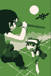  1boy amaya_daisuke android animal bare_shoulders baseball_cap bat_(animal) bracelet confrontation doukutsu_monogatari female flying green_theme hat headgear holding holding_sword holding_weapon jewelry jumping lowres misery_(doukutsu_monogatari) monochrome moon official_art pants photoshop_(medium) pixel_art quote_(doukutsu_monogatari) shirt sleeveless sleeveless_shirt staff sword tank_top weapon 