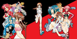  5girls artist_request bandana blonde_hair blue_hair boots breast_press breasts brown_hair c-string carrying cleavage computer crop_top desk elbow_gloves feline fingerless_gloves glasses gloria_(daphne_in_the_brilliant_blue) gloves gun hand_on_own_hip hayama_shizuka high_heels highres hikari_to_mizu_no_daphne honjou_rena long_hair medium_breasts midriff mizuki_maia monitor multiple_girls panties pants pink_hair purple_hair scan shoes short_hair small_breasts strapless strapless_bottom thighhighs thong tube_top turtleneck twintails underwear weapon wince wrench yuu_park 