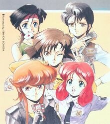  1980s_(style) 5girls board_game bubblegum_crisis card card_game card_in_mouth everyone floating_card hanafuda holding holding_card linna_yamazaki long_sleeves mahjong mahjong_tile mouth_hold multiple_girls nene_romanova non-web_source one_eye_closed playing_card priscilla_asagiri reika_chang retro_artstyle sonoda_ken&#039;ichi sylia_stingray tarot tarot_(card) 