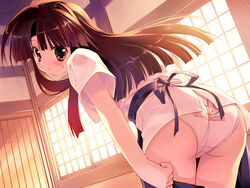  animal_print apron ass back back-print_panties bent_over blush brown_hair clothes_pull clothes_writing colorful_aquarium female from_behind game_cg kanbayashi_miu kiba_satoshi long_hair looking_back panties pink_eyes print_panties rabbit_panties rabbit_print shirt skirt skirt_pull solo standing thigh_gap underwear undressing white_panties 