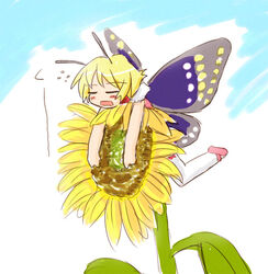  antennae blonde_hair bug butterfly fairy female flower mary_janes mini_person minigirl on_flower photoshop_(medium) shimon_(shimotsuma) shimotsuma shoes solo sunflower thighhighs wings yellow_flower yuuichi_(tareme_paradise) 