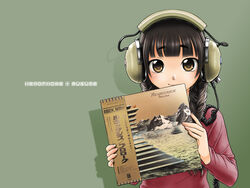  black_hair blunt_bangs blush braid cable female green_background hair_over_shoulder headphone_+_musume headphones holding koss light_smile long_hair long_sleeves looking_at_viewer mountain ootsuka_mahiro orange_eyes original record record_jacket renaissance_(band) shadow shirt simple_background sky smile solo stairs twin_braids twintails upper_body water 