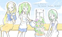  3girls alternate_costume artist_request blonde_hair blue_shorts cloud copyright_name curly_brace dated day doukutsu_monogatari english_text green_hair holding holding_watering_can long_hair misery_(doukutsu_monogatari) multiple_girls oekaki plant sakamoto_sue shirt short_hair shorts sitting source_request twintails watering_can white_shirt 