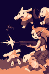  amaya_daisuke android animal_hands assault_rifle cooking_pot crop_top curly_brace doukutsu_monogatari female firing from_side frying_pan gun headgear lowres lying midriff mimiga monochrome official_art on_stomach open_mouth orange_theme pants photoshop_(medium) pixel_art pocket red_tank_top rifle robot running shirt sleeveless sleeveless_shirt tank_top weapon 