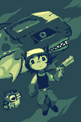  1boy amaya_daisuke android animal belt blue_theme closed_mouth doukutsu_monogatari expressionless fish gun holding holding_gun holding_weapon joints lowres machinery male_focus monochrome non-humanoid_robot official_art pants photoshop_(medium) pixel_art puffer_fish quote_(doukutsu_monogatari) robot robot_animal robot_fish robot_joints science_fiction shark sleeveless solo spikes tank_top underwater weapon 