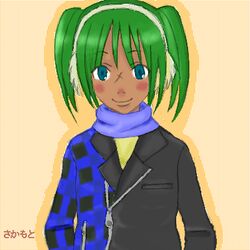  artist_request dark-skinned_female dark_skin doukutsu_monogatari female green_hair long_sleeves lowres oekaki sakamoto_sue signature solo 