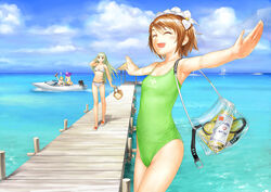  1boy 3girls ^_^ bag beach bikini blonde_hair bottle breasts brown_hair buckle closed_eyes cloud copyright_request day flower garex goggles green_one-piece_swimsuit hair_flower hair_ornament long_hair multiple_girls ocean one-piece_swimsuit open_mouth outdoors outstretched_arms photoshop_(medium) purple_hair short_hair sky small_breasts smile spread_arms swimsuit transparent walking water water_bottle white_bikini 