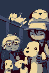  1boy :p amaya_daisuke android animal animal_on_head baseball_cap blush canine closed_eyes cup dog_on_head doukutsu_monogatari drinking_glass female glasses hat jenka lowres lying monochrome multiple_dogs official_art old old_woman on_back on_head photoshop_(medium) pixel_art quote_(doukutsu_monogatari) railing tongue tongue_out 