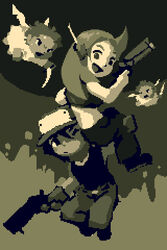  1boy :d amaya_daisuke android angel baseball_cap carrying crop_top curly_brace doukutsu_monogatari female gun handgun hat headgear holding holding_gun holding_weapon lowres midriff monochrome official_art open_mouth pants photoshop_(medium) pixel_art pocket quote_(doukutsu_monogatari) shirt sleeveless sleeveless_shirt smile tank_top weapon wince yellow_theme 