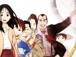  3boys 3girls :d ^_^ baseball_bat beard black_hair blouse blurry brown_hair brown_jacket cellphone closed_eyes cropped facial_hair formal grey_background hat hirukawa_taeko ikari_keiichi ikari_misae jacket kawazu_akio kon_satoshi laughing long_sleeves mousou_dairinin moustache multiple_boys multiple_girls necktie open_clothes open_jacket open_mouth outstretched_arm phone photoshop_(medium) red_necktie sagi_tsukiko shirt short_hair shounen_bat simple_background smile suit sun_hat taira_yuuichi teeth upper_body wide-eyed 