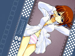  arm_up blue_background blue_eyes blush breasts brown_hair buttons checkered clenched_hand collarbone collared_shirt copyright_name cowboy_shot dress_shirt dutch_angle english_text female folded_ponytail from_above grey_background grid hair_between_eyes hair_ornament hairclip half-closed_eyes hand_up komaki_manaka legs_together long_sleeves looking_at_viewer lying medium_breasts megami_magazine navel no_bra no_pants noguchi_takayuki official_art official_wallpaper on_back open_clothes open_shirt panties parted_bangs parted_lips photoshop_(medium) pink_panties shirt short_hair sidelocks sleepy sleeve_cuffs solo striped_clothes striped_panties to_heart_(series) to_heart_2 unbuttoned underwear white_panties white_shirt 