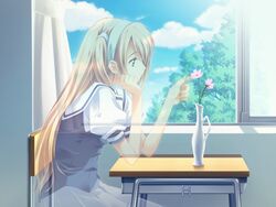  blonde_hair blue_sky classroom cloud curtains day desk female flower from_side game_cg ghost hairband indoors kusukusu long_hair memorial_on_desk moshimo_ashita_ga_hare_naraba nonosaki_akiho one_side_up pink_flower school_desk school_uniform sitting sky solo transparent vase window 