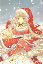  :o artbook bare_shoulders bell belt blonde_hair boots brown_eyes capelet chii chobits choker christmas clamp_(circle) confetti female fur-trimmed_boots fur-trimmed_capelet fur-trimmed_gloves fur-trimmed_headwear fur-trimmed_skirt fur_hair_tie fur_trim gloves hat highres holly long_hair looking_at_viewer photoshop_(medium) pom_pom_(clothes) red_footwear red_gloves red_thighhighs ribbon robot_ears santa_boots santa_costume santa_hat scan skirt snow snowing solo thighhighs very_long_hair yellow_eyes 