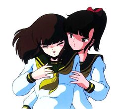  1980s_(style) 2girls black_eyes black_hair blunt_bangs blush bow breasts closed_eyes cream_lemon escalation flat_chest grabbing groping hairbow hug hug_from_behind imminent_kiss komatsuzaki_rie long_hair long_sleeves multiple_girls oomori_midori open_mouth ponytail retro_artstyle school_uniform serafuku simple_background small_breasts yuri 