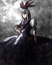  aojiru_(shiro_to_kuro_no_mukyou) blue_dress canvas_(medium) dress female grey_hair hand_on_own_hip hat hat_ribbon kamishirasawa_keine long_hair looking_at_viewer puffy_short_sleeves puffy_sleeves ribbon short_sleeves solo touhou 