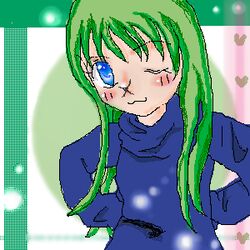  :3 ;3 blue_shirt blush doukutsu_monogatari eyelashes female green_eyes hands_on_own_hips heart long_hair long_sleeves lowres oekaki one_eye_closed sakamoto_sue shirt sleeves_past_fingers sleeves_past_wrists solo 