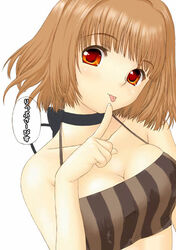  :p bare_shoulders breasts brown_hair crop_top female figo finger_to_mouth head_tilt large_breasts original photoshop_(medium) red_eyes short_hair simple_background solo tongue tongue_out translated upper_body white_background 