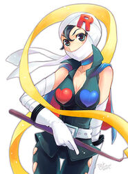  anpanman bandages belt black_hair breasts cape cleavage collar commentary_request female gloves green_eyes heart large_breasts mask ribbon rollpanna scarf solo task_owner white_gloves yellow_scarf 