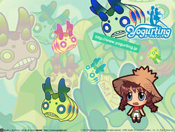  artist_request blue_eyes blush_stickers brown_hair caterpillar chibi chibi_only female hat highres mei_(yogurting) open_mouth scarf shorts socks solo_focus straw_hat yogurting 