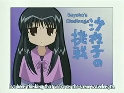  anime_screenshot black_hair border bow brown_eyes closed_mouth coat dot_mouth english_text female gradient_background half-closed_eyes kurosaki_sayoko long_hair mahoraba mole mole_under_eye purple_bow purple_coat solo subtitled upper_body very_long_hair white_border 