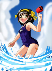  :d armband bandaid bandaid_on_leg blush_stickers brown_hair cloud day female from_side hairband looking_at_viewer momoda_yasuhito name_tag oerba_yun_fang one-piece_swimsuit open_mouth school_swimsuit short_hair sky smile solo suzumiya_haruhi suzumiya_haruhi_no_yuuutsu swimsuit unworn_armband wading watanabe_akio_(style) water yellow_eyes 