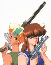  1980s_(style) 2girls back-to-back blonde_hair brown_hair bubblegum_crisis crossover earrings gall_force green_hair gun handgun highres holding holding_gun holding_weapon jewelry long_hair lufy multicolored_hair multiple_girls open_mouth priscilla_asagiri red_eyes retro_artstyle revolver rifle short_hair simple_background sleeveless sonoda_ken&#039;ichi tan two-tone_hair weapon 