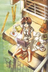  amano_kozue aria_(manga) bag barefoot book breasts casual computer cup dress exif_thumbnail_surprise female from_above hair_tubes laptop large_breasts long_hair looking_at_viewer looking_up mizunashi_akari official_art photoshop_(medium) railing red_hair saucer shoes short_hair_with_long_locks sidelocks sitting soaking_feet solo uniform unworn_shoes unworn_socks water white_dress 